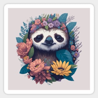 Cute Sloth face peeking out of flowers and foliage with flowers and foliage t-shirts and apparel, stickers, mugs, cases, pillow, water bottle Magnet